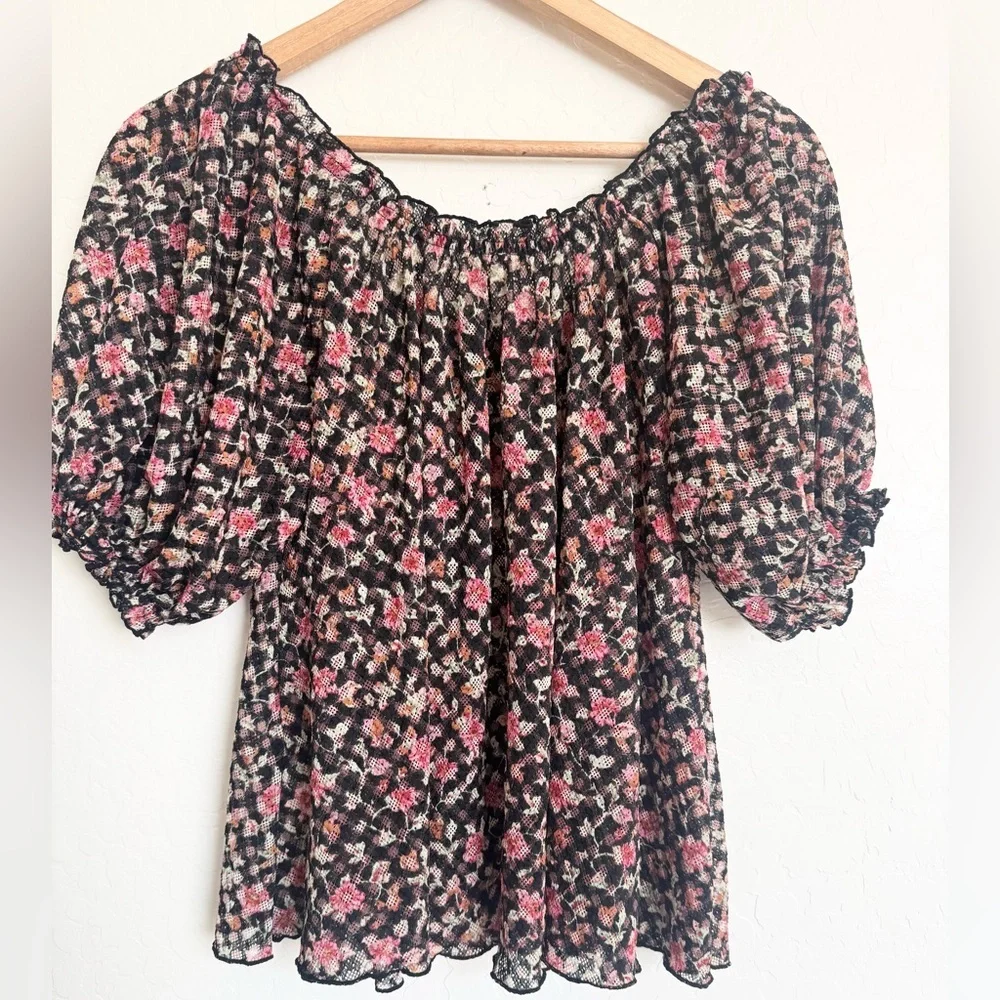 Free People Astra Peasant Top Sheer Black Floral Size Small